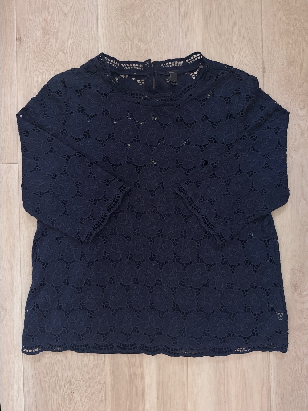 J. Crew Collection Navy Blue Lace 3/4 Sleeve Blouse Floral Scalloped Hem Size L